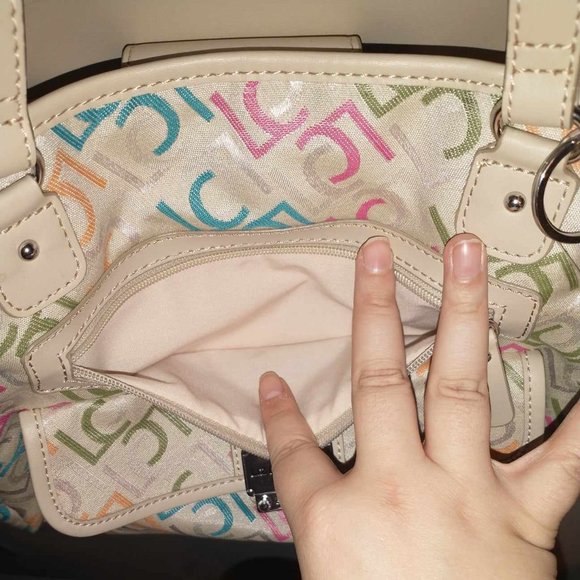 NWT Liz Claiborne Handbag, khaki with multi color LC's, - Picture 6 of 16